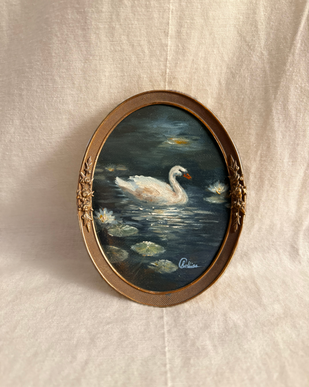The Moonlit Swan - Original Oil Painting in Vintage Frame